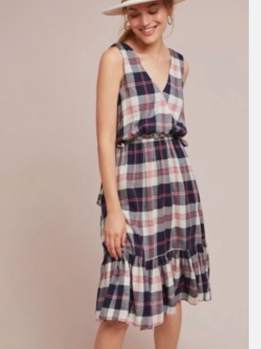 Anthropologie Isabella Sinclair Navy Cream plaid sleeveless dress size M